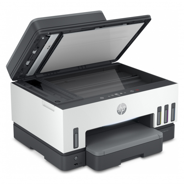 HP Smart Tank 7605: 4-in-1 Tintentanker mit Pigmentschwarz, Dyefarben, Duplexdruck, Fax und Simplex-ADF. Eine Besonderheit ist das eingelassene "Magic Touch Panel" Monochrom-Display.