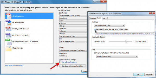 HP-Scan-Software: Klicken Sie auf "Separate Datei für jede gescannte Seite erstellen", damit die Blätter aus dem ADF in einzelnen Dateien gespeichert werden.
