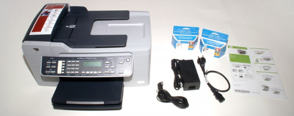 HP Officejet J5780 AIO: Cartridges, installation instructions, driver-CD, TAE-cable, mains-adapter with cable.