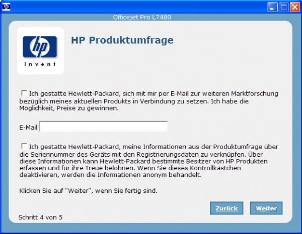 HP-Drucker: HP installiert auf Nachfrage die Software "MyPrintMilage" um die Daten zu erfassen - zusätzlich können Produktumfragen nerven.