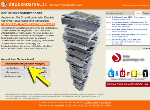 Vorauswahl: Wählen Sie für diese Anleitung den Link "Individuelle Druckkosten-Berechnung".
