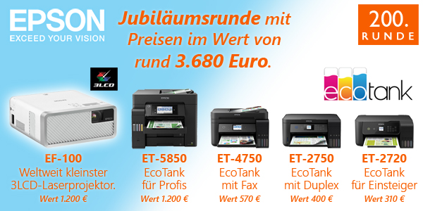 DC-Bingo-Runde 200: Der weltweit kleinste 3LCD-Projektor und vier Ecotank-Drucker im Gesamtwert von 3.680 Euro zu gewinnen.