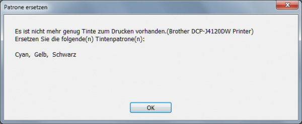 Brother DCP-J4120WD: Ist eine Tintenpatrone leer, fordert Brother zum Wechsel auf - Weiterdrucken ist nicht möglich.