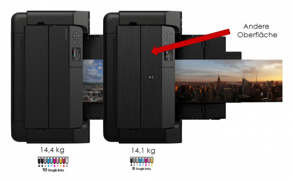 Canon mageprograf Pro-300 (links) vs. Pixma Pro-200 (rechts): Identisches Gehäuse mit unterschiedlichem Finish.