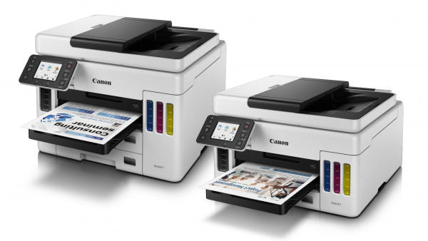 Canon Maxify GX7050 und GX6050: Tintentankdrucker fürs Büro mit pigmentierten Tinten. Das größere Modell hat neben einer zweiten Papierkassette auch ein Fax samt Dual-Duplex-ADF.
