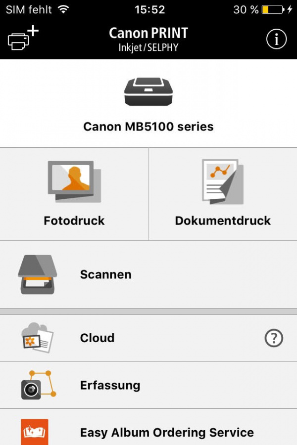 Canon PRINT Inkjet/Selphy: Auf der Startseite sind die Standardverknüpfungen zu finden. Der "Easy Album Ordering Service" für Fotoalben ist derzeit nur in den Niederlanden verfügbar.
