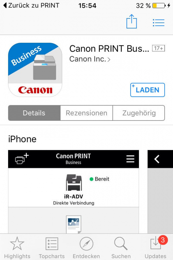 ...sondern in der Canon-Print-Business-App. Wer das Feature nutzen möchte, muss diese dazu herunterladen.