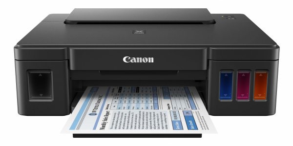 Canon Pixma G1400: Einfacher CISS-Drucker ohne Scanfunktion mit integriertem schwarzen Tintentank (links) und Farbtintentanks (rechts).
