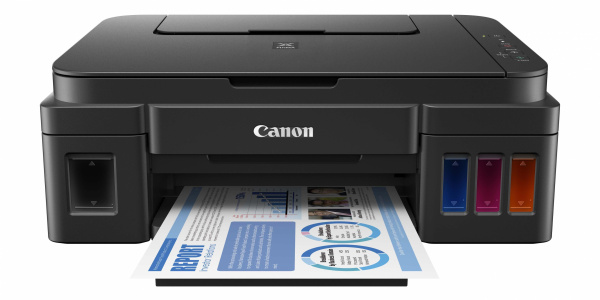 Canon Pixma G2400: Multifunktions-CISS-Drucker ohne Wlan - auch hier befinden sich die Tintentanks im Gerät - links schwarze Tinte und rechts die Farbtinten.