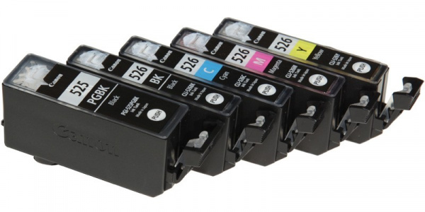 Canon ink cartridges: Text black PGI-525BK, photo black CLI-526BK and three color cartridges CLI-526C, M, Y.