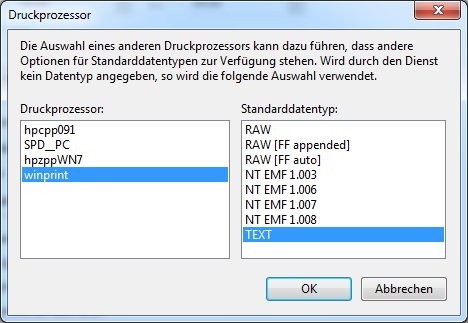 Druckprozessor auswählen: Falls der Druck aus der Eingabeaufforderung nicht funktioniert, versuchen Sie es mit der Einstellung "TEXT" oder "RAW [FF appended]".