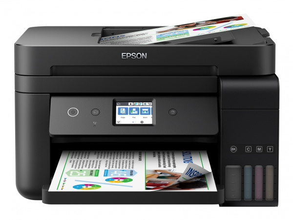 Epson Ecotank ET-4750: Aktuelles A4-Topmodell mit Fax, geschlossenem Papierfach und weitgehend wischfestem Pigmentschwarz und Farb-Touchscreen.