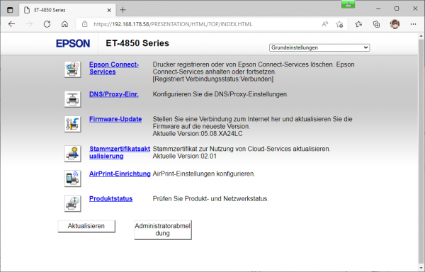 Epson EcoTank ET-4850-Webserver: Basisansicht nach Anmeldung nur Grundeinstellungen