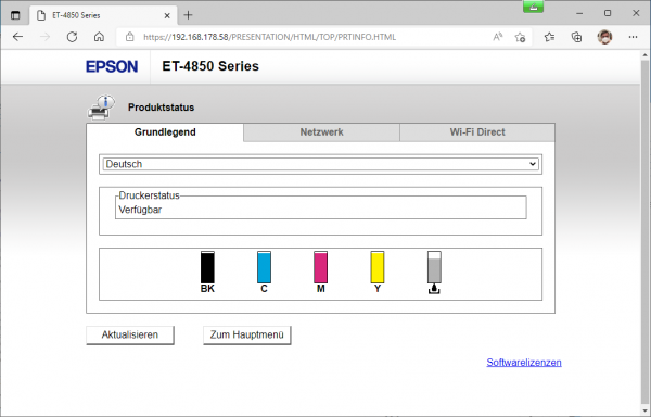 Epson EcoTank ET-4850 Webserver: Status Grundlegend