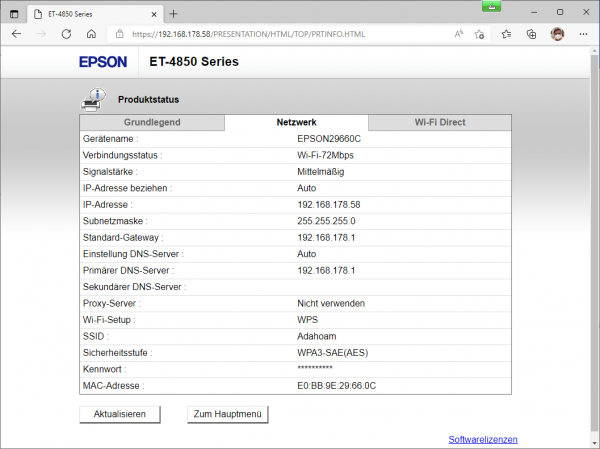 Epson EcoTank ET-4850 Webserver: Status-Netzwerk