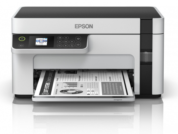 Epson Ecotank ET-M2120: Einfacher S/W-Multifunktionsdrucker mit offenem Papierfach und ohne Duplexfunktion.
