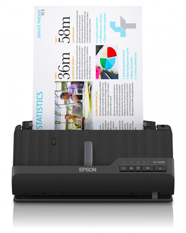Epson ES-C320W: Kompakter DIN A4-Scanner mit Wi-Fi und unglaublich geringer Standfläche während des Betriebs, vielseitiger Medienverarbeitung und geringem Stromverbrauch.