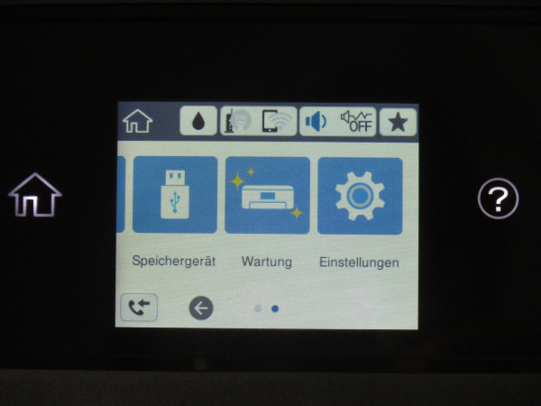 Startbildschirm 2: USB, Wartung, Optionen.