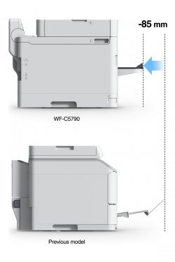 Vorher und nachher: Die neue Papierablage macht die neue Epson-Serie etwas weniger sperrig. (Auf dem Bild sind die Multifunktionsdrucker zu sehen.)