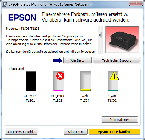 Epson Workforce WF-7015: Ist eine der Farbpatronen leer, kann man kurzfristig in schwarz weiterdrucken, bis die Farbpatrone ersetzt ist.