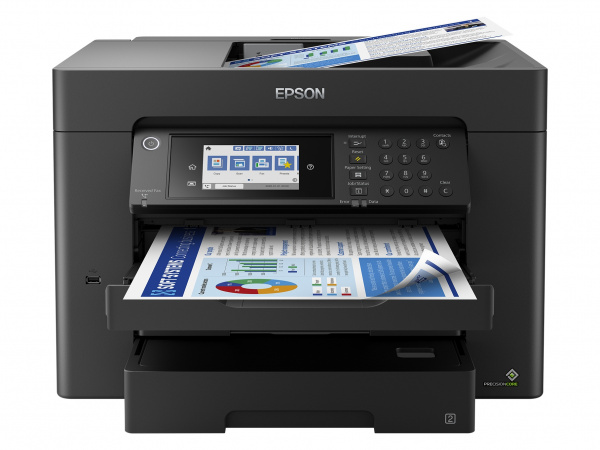 Epson Workforce WF-7840DTWF: Kompakter A3-Multifunktionsdrucker mit Tintenpatronen, zwei Papierkassetten, hinterem Einzug und Duplex-ADF mit Wendemechanik.