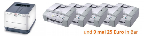 Die Preise: 1 x den  Farblaserdrucker C3600n von Oki und 5 x das Brother-Multifunktionsgerät MFC-290C mit einzelnen Tintenpatronen und 9 x 25 Euro.