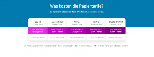 Tarifübersicht bei HP: Die Papieroption gibt es derzeit nur für Tintendrucker mit "Instant Ink".