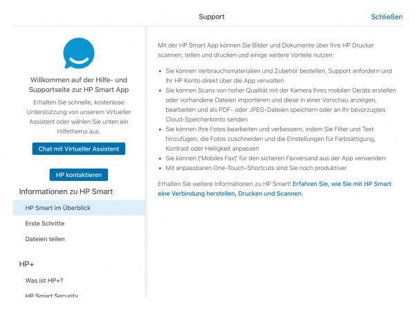 HP OfficeJet Pro 7740 - HP Smart: Die Hilfe und Support Funktion