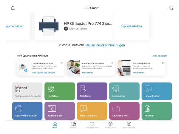 HP OfficeJet Pro 7740 - HP Smart: Startbildschirm, aufgeräumt aber mit Werbung