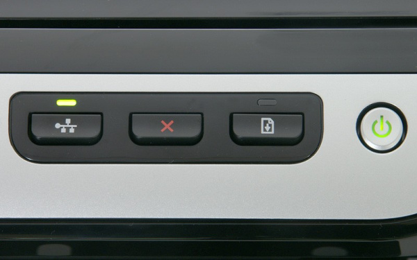 HP Officejet Pro 8000: Network-, Cancel-, and Paper feed buttons.