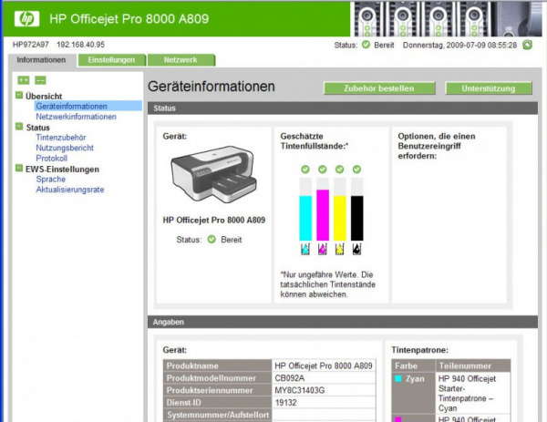 Webserver des HP Officejet Pro 8000: Viele Kontroll- und Einstellmöglichkeiten.