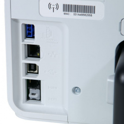 HP: Rückseite mit Stromanschluss, Ethernet, USB und Fax...