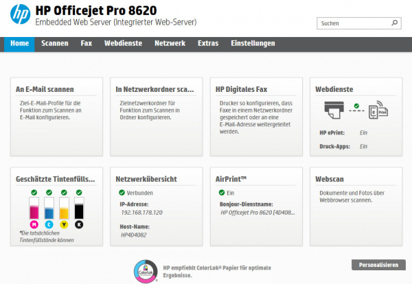 HP Officejet Pro 8610 und 8620: Vorbildlicher Webserver mit vielen Einstellmöglichkeiten und übersichtlicher Darstellung.