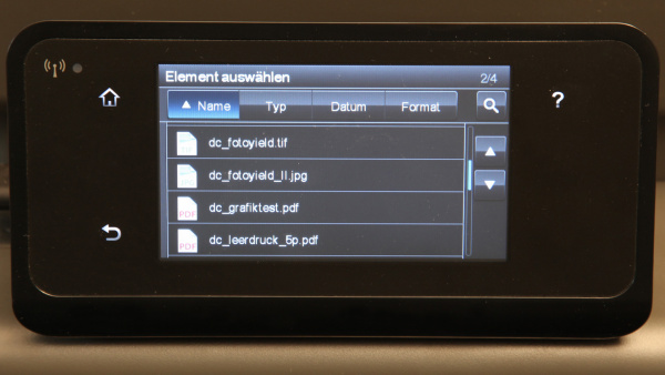 Druck vom USB-Stick: Der Touchscreen zeigt die druckbaren Dateien an.