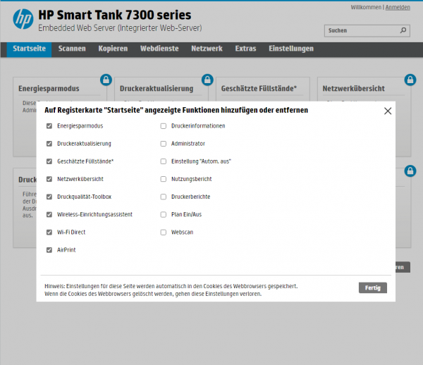 HP Smart Tank 7305 Webserver: Die Startseite lässt sich an die persönlichen Bedürfnisse anpassen.