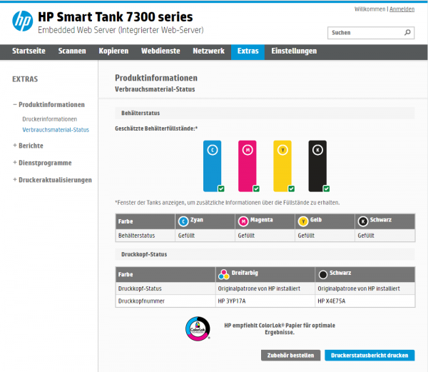 HP Smart Tank 7305 Webserver: Anzeige der Tintenstände