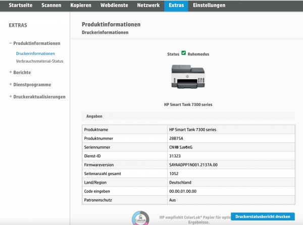 HP Smart Tank 7305 Webserver: Produktinformationen