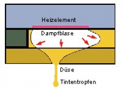 Thermischer Tintendruck: Ein Heizelement verdampft die Tinte, die dadurch aus der Düse geschleudert wird.