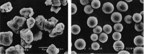 Vergleich: Unter dem Mikroskop unterscheiden sich die Partikel von konventionellem (links) und chemisch hergestelltem EA-Toner erheblich - Bildquelle: Xerox.