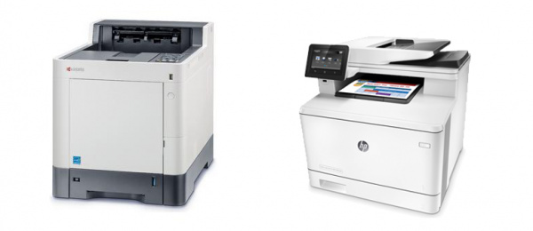 Gewinner der Leserwahl 2016/17: Links der Farblaserdrucker Kyocera Ecosys P7040cdn, rechts das Multifunktionsgerät HP Color Laserjet Pro MFP M377dw.