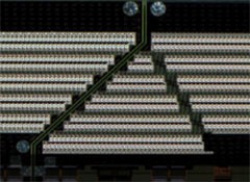 Konstruktion zwischen zwei Chips: Durch einer versetzen Anordnung bleiben die Düsenreihen bündig zueinander.