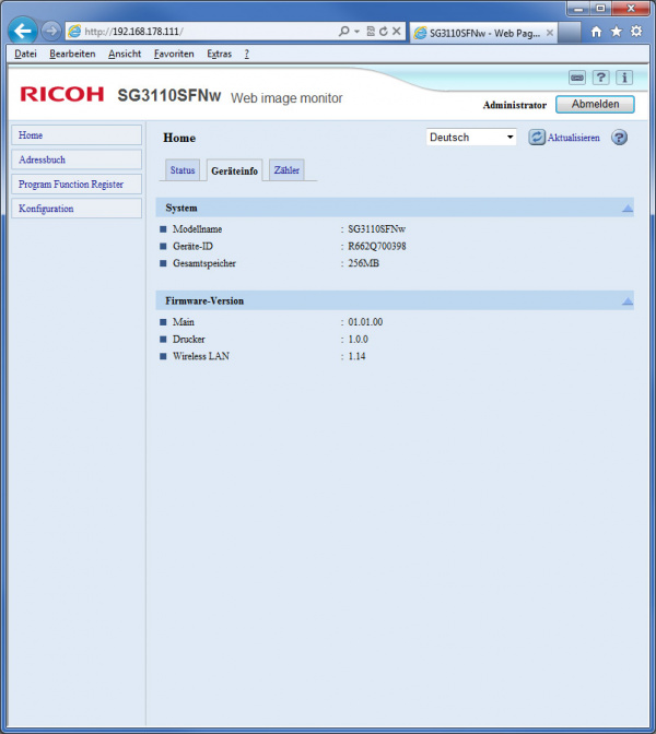 Ricoh Aficio SG 3110SFNw: Webserver - Geräteinfo.