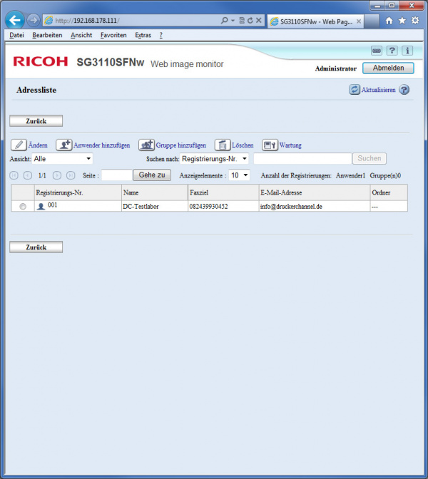 Ricoh Aficio SG 3110SFNw: Webserver - Adressliste.