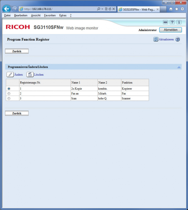 Ricoh Aficio SG 3110SFNw: Webserver - Schnellwahltasten für das Druckerdisplay.