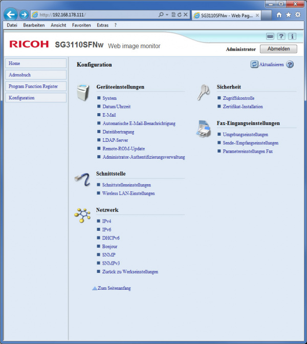 Ricoh Aficio SG 3110SFNw: Webserver - Konfiguration.