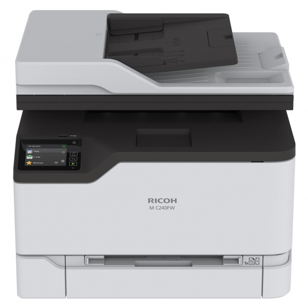 Ricoh M C240FW: Farblaser der Mittelklasse mit Simplex-ADF und "echtem" Fax. Es gibt recht große 4.500er Toner, jedoch keine Erweiterung der Papierkassette.