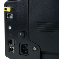 Samsung: Rückseite mit Fax, Ethernet, USB- und Stromanschluss...