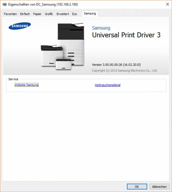 Registerkarte "Samsung": Informationen über die Treiberversion und Links zu Samsung.