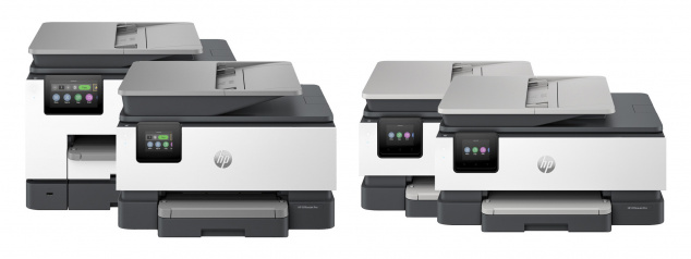 HP Officejet Pro 9100e- und 8100e-Serie: Die beiden "großen" Modelle (links) mit Duplex-ADF sowie die günstigere Modellreihe (rechts) mit Simplex-ADF und langsamerem Druckwerk. "HP+" sowie unabhängig davon "Instant Ink" bleiben optional.