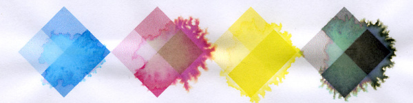 Billig-Patronen: Die Farben und das Textschwarz (kleine Raute ganz rechts) bestehen aus Dye-Tinte und verlaufen.